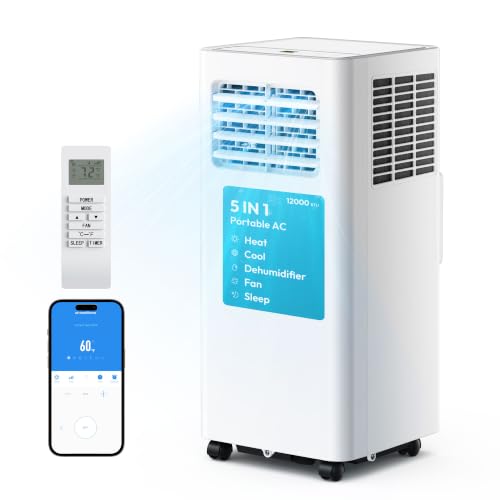 EUHOMY Portable Air Conditioners 12,000 BTU, 5-in-1 Portable AC Unit Up to 550 Sq.Ft. for Bedroom with Cool, Heat, Fan, Dehumidifier, Sleep, AC Units with LED Remote & 24H Timer, Installation Kits
