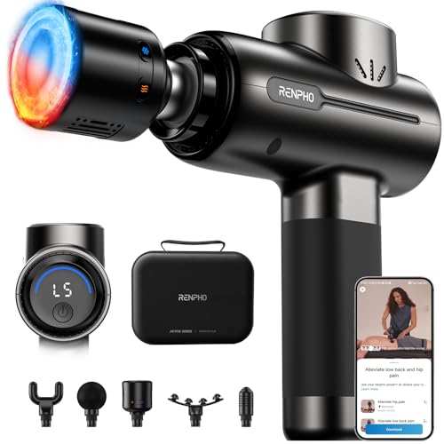 RENPHO Active+ Thermacool Massage Gun with Heat & Cold, Mothers Day Gifts, App Control with Video-Guided Courses, Deep Tissue Handheld Massager for Back and Neck, 5 Speeds, 5 Attachments, Carry Case